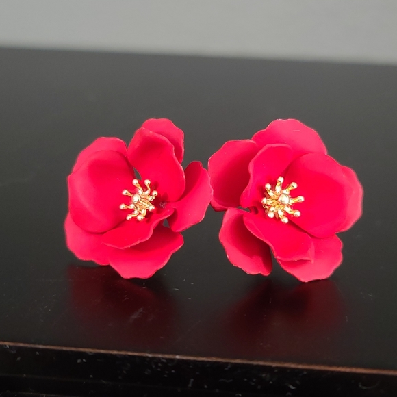 Red 3 Dimensional Flower Earrings - Picture 1 of 3